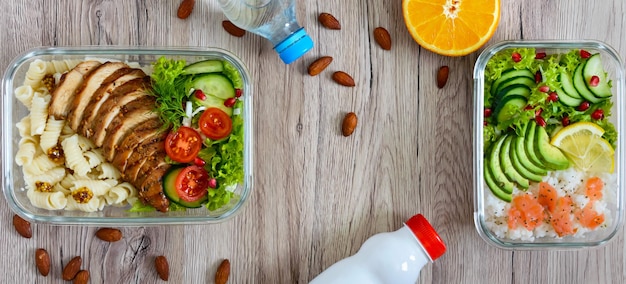 Différents types de boîtes à lunch sur un fond en bois. Vue de dessus, mise à plat. Délicieux déjeuner sain. Le concept d'une alimentation saine. Bannière