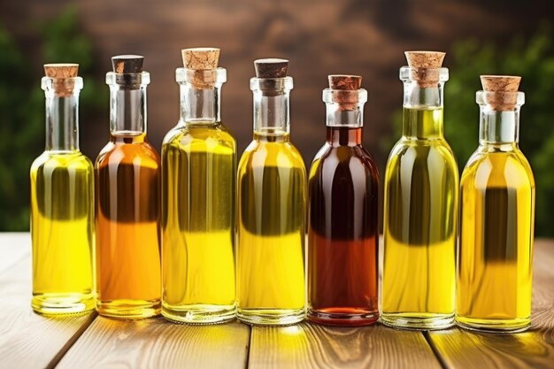 Photo différents types de bouteilles d'huile dans une rangée bordée