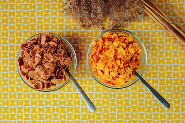 Différents types de céréales avec cuillère dans la plaque de verre. Une alimentation saine, des aliments sains sur la table avec des fleurs séchées. Deux assiettes avec différentes céréales.