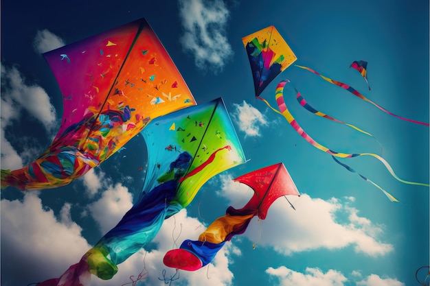 Différents types de cerfs-volants volant dans le ciel bleu parmi les nuages dans le concept du festival international de cerf-volant