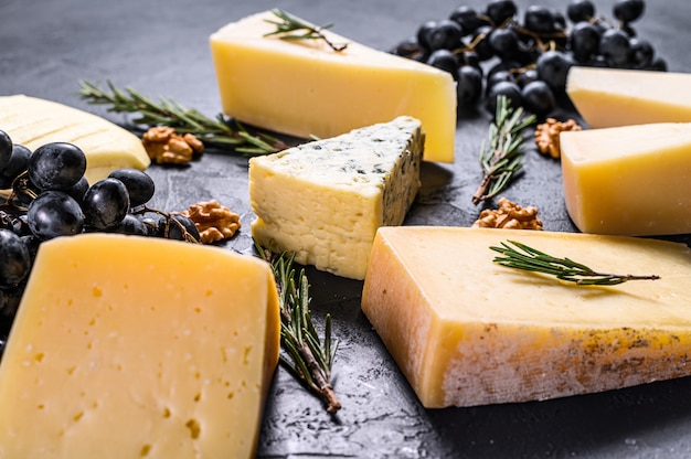 Différents types de délicieux fromages aux noix et raisins. Vue de dessus