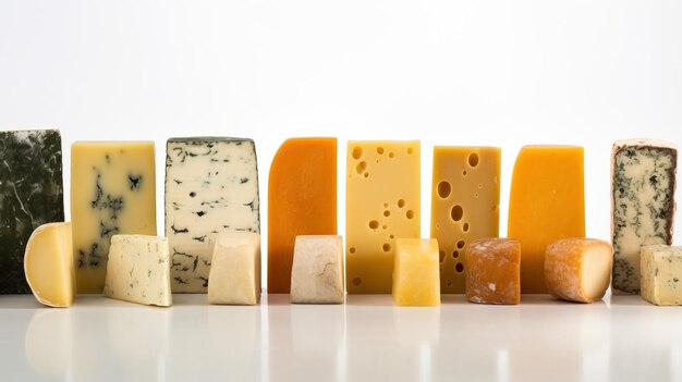 Différents types de fromage bleu dur d'affilée Fond blanc généré par l'IA