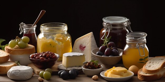 Différents types de fromage olives confiture miel crème oeufs