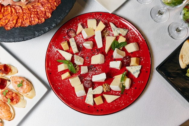 Photo différents types de fromage sur une plaque rouge