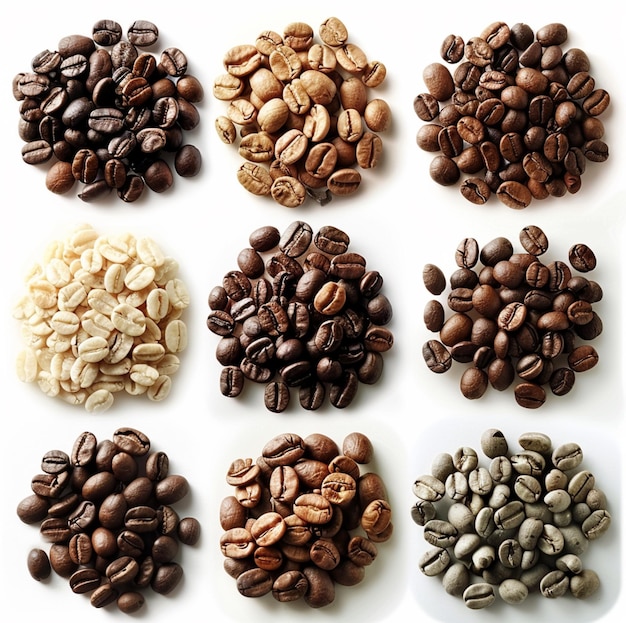 Photo différents types de grains de café en grains blancs