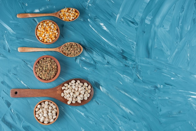 Différents types de haricots, céréales, cors et lentilles placés dans des cuillères en bois.