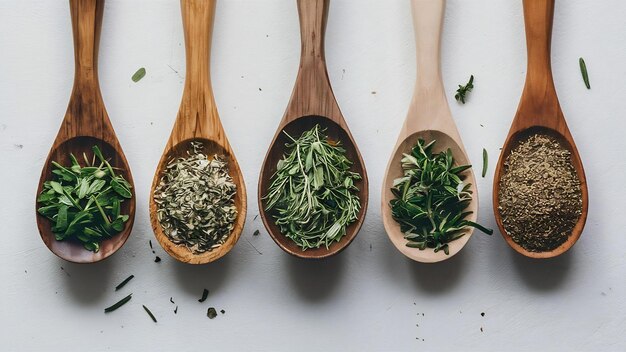 Différents types d'herbes sur une cuillère en bois sur un fond blanc