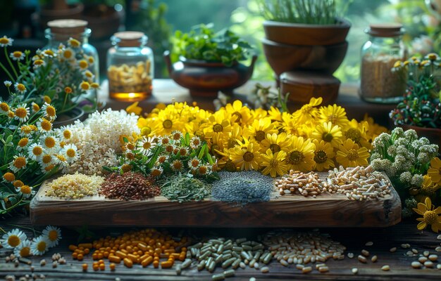 Différents types d'herbes médicinales sur la table