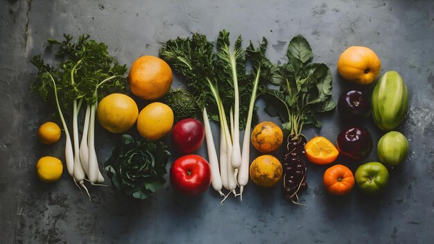 Photo différents types de légumes et de fruits sur un sol gris altéré