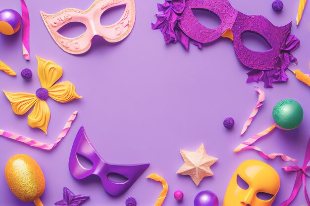 Différents types de masques affichés sur fond violet illustration Concept de célébration de Pourim et vacances de carnaval juif Vue de dessus mise à plat