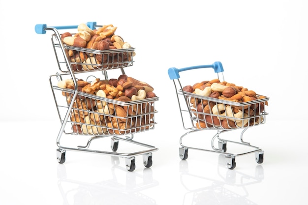 Différents types de noix dans le panier d'épicerie. Commercialisation vente de produits alimentaires. Aliment protéiné bio vitaminé