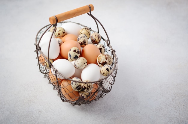 Différents Types D'oeufs Dans Un Panier Sur Une Table En Béton Gris