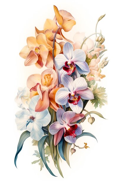 Photo différents types d'orchidées avec des fleurs et des feuilles aquarelle peinte à sec générative ai