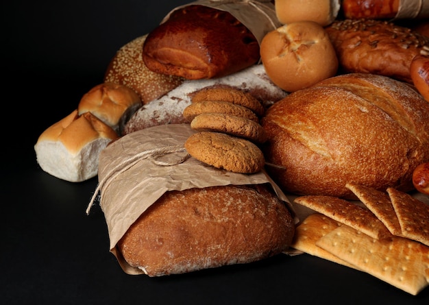 Différents types de pain sur fond noir en gros plan