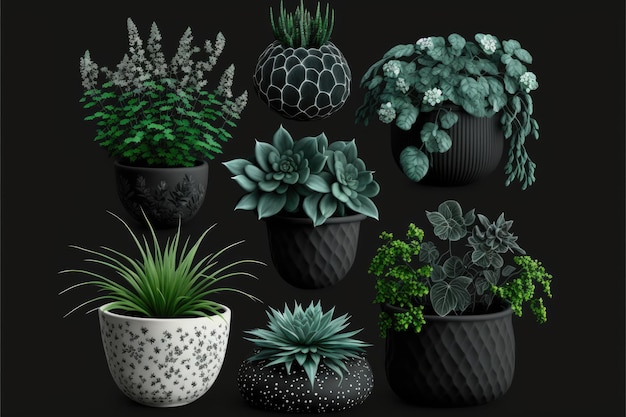 Différents types de pots en argile de plantes d'intérieur sur fond de couleur AI générative