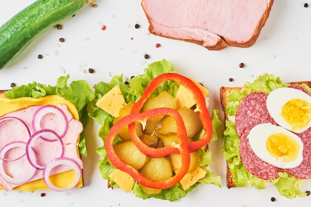 Différents types de sandwich et ingrédients sur fond blanc, vue de dessus