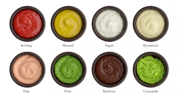 Photo différents types de sauce pour coupe, ketchup, moutarde, yaourt, mayonnaise, rose, pesto, barbecue, guacamole.