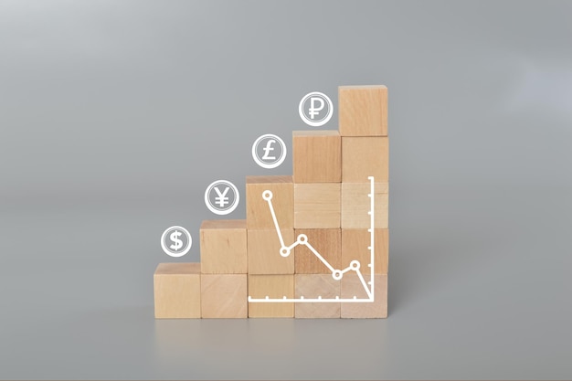 Différents types de symboles monétaires comme USD Yen Pound et Rouble russe