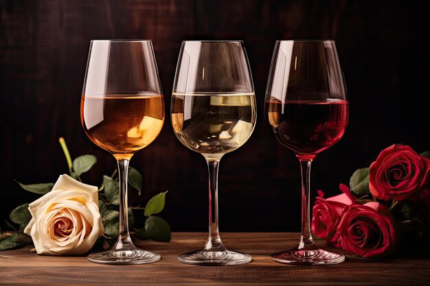 Différents verres contenant un assortiment de vins rouges blancs et rosés