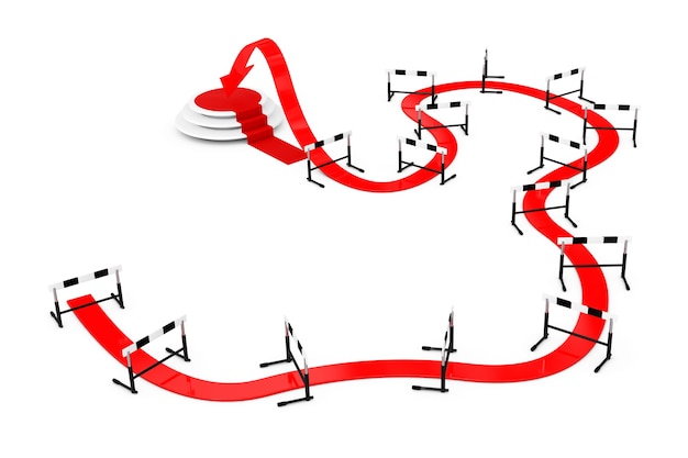 Difficile de cibler le concept. Flèche vers le succès grâce à l'athlétisme obstacle sur un fond blanc. Rendu 3D.