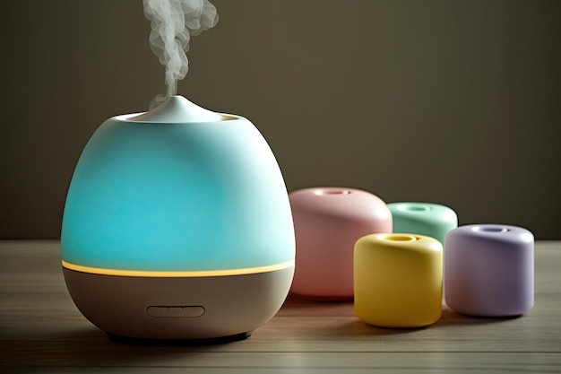 Un diffuseur d'arômes et un humidificateur d'air sur un bureau ajoutant de l'humidité et des parfums apaisants à l'air Généré par AI