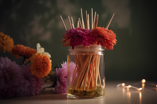 Diffuseur de parfum d'ambiance avec bâtons en bois à la manière d'une photo commerciale générée par l'IA