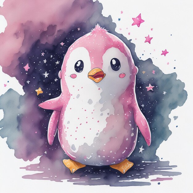 Diffusion_A_cute_cartoon_pink_penguin_watercolor HD 8K fond d'écran Image photographique