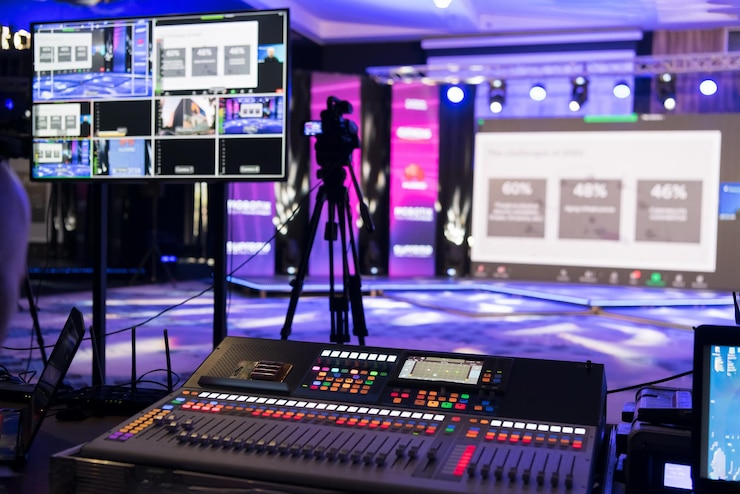 Photo diffusion internet en direct d'une réunion de conférence d'affaires, présentateur rejoignant un séminaire par vidéoconférence dans un centre de congrès vide. webinaire ou séminaire en ligne via les réseaux sociaux diffusé en nouveau