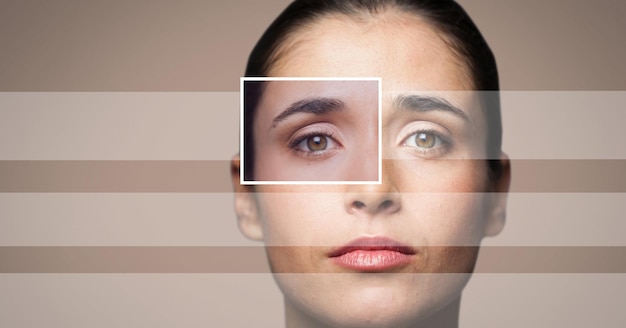 Digital composite of woman with eye focus box détail et lignes