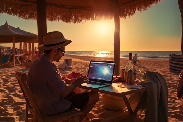 Digital Nomad travaillant sous un parasol créé avec l'IA générative