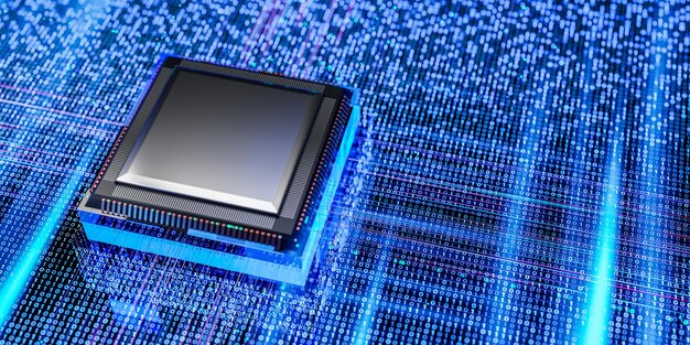 Digital processor chip with binary code background big data artificial intelligence high performance computer technology future cyber security 3d illustration