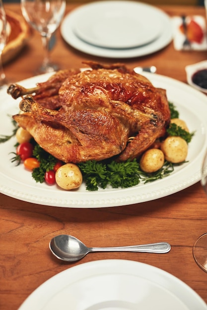 Dinde alimentaire et festin d'action de grâces à table sans personnes déjeuner ou dîner mis en place dans la maison familiale Poulet à la viande et repas sains pour célébrer la tradition de noël ou le déjeuner du dimanche dans une salle vide