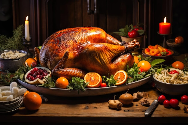 Dinde entière de Thanksgiving grillée et plats complétant le plat principal sur une table à manger en bois