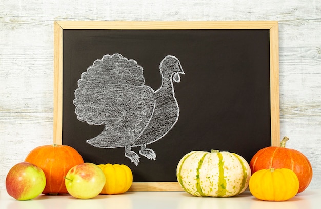 La dinde est dessinée sur un tableau noir. Joyeuses salutations de Thanksgiving. Joyeux Action de Graces. Récolte d'automne à l'heure de l'abondance. Félicitations pour les saisons