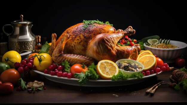 Dinde grillée avec légumes et fruits sur une table en bois avec un arrière-plan flou