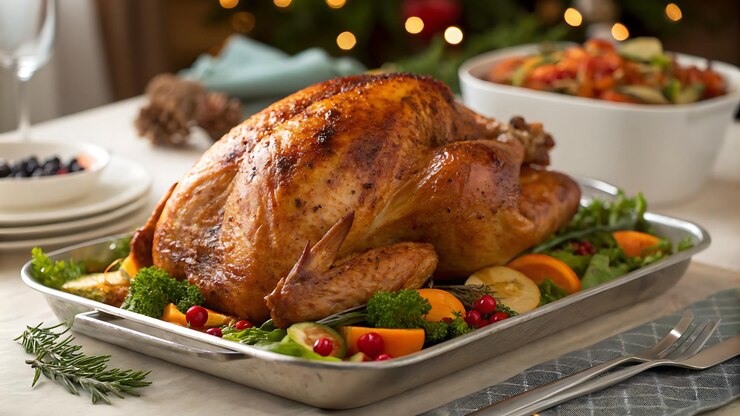 Photo dinde de noel sur une table de fte de noel poulet de noel format horizontal