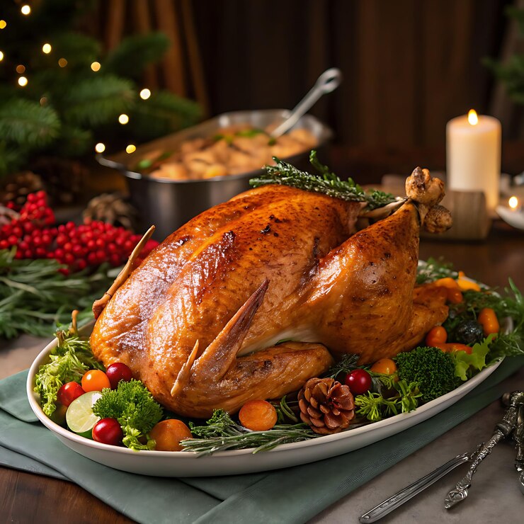 Photo dinde de noel sur une table de fte de noel poulet de noel format horizontal