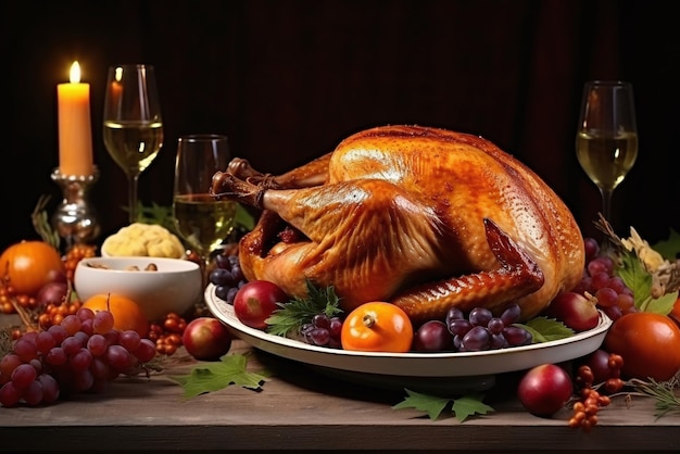 Dinde ou poulet au four sur la table de Noël avec fruits et vin