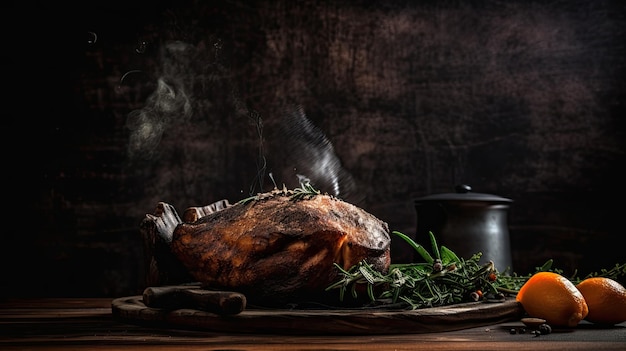 Une dinde rôtie est posée sur une assiette avec un pot d'herbes sur le côté.