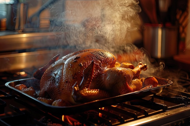 Une dinde rôtie sur un gril dans une cuisine