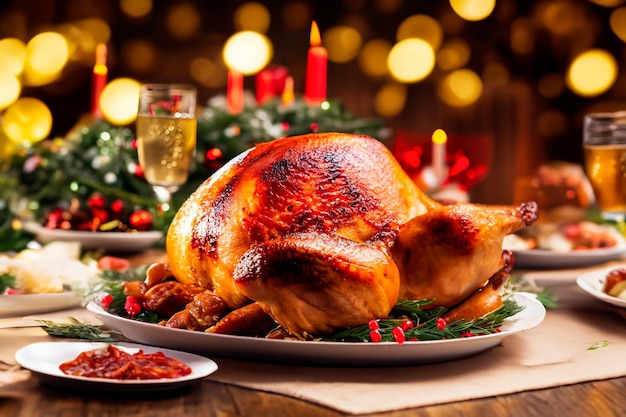 Dinde rôtie sur table de Noël et fond de lumières gaussiennes