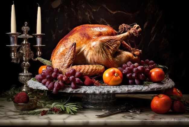 une dinde de thanksgiving sur une table en marbre dans le style de cranberrycore