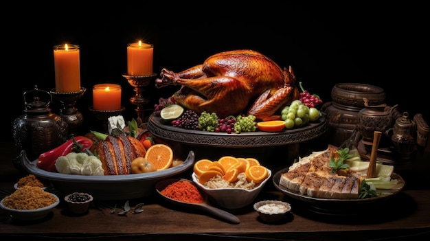 Dindes cuites au four et autres aliments de Thanksgiving