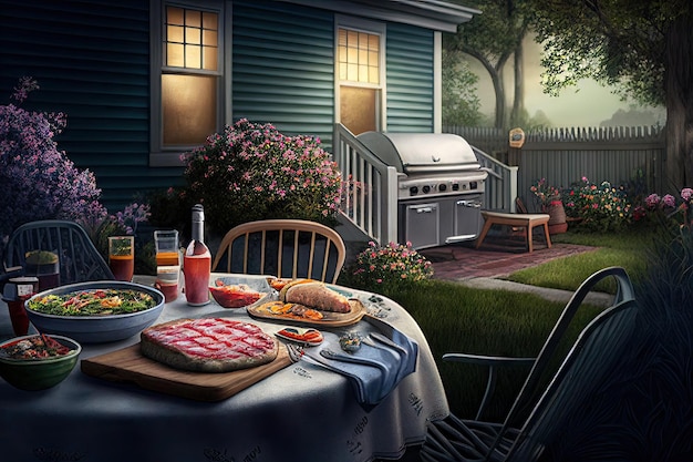 Dîner barbecue en famille dans le jardin de la maison Generative AI