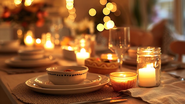 Un dîner confortable avec des bougies et un éclairage chaud