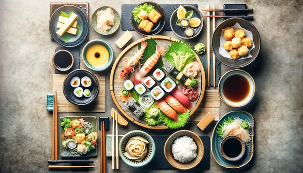 Dîner de cuisine japonaise traditionnelle avec un assortiment de sushis