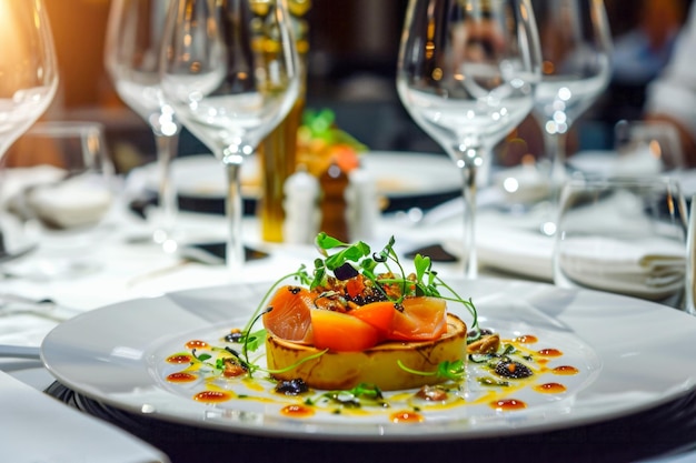 Dîner dans un restaurant haut de gamme coûteux avec une nourriture exquise et des verres de vin français