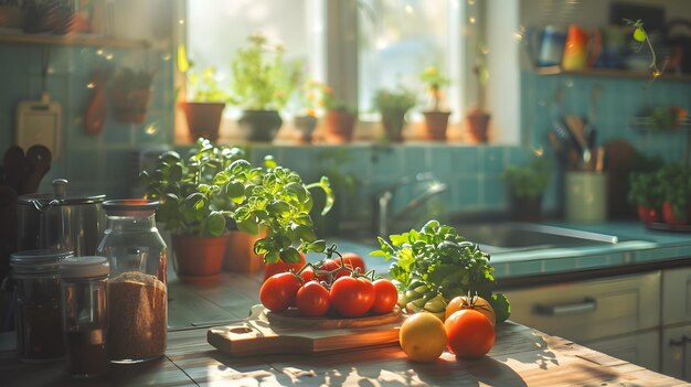 Le dîner délicieux, la cuisine ensoleillée, la magie.