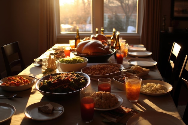 Dîner de dinde de Thanksgiving sur table généré par l'IA