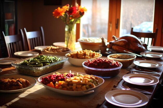 Dîner de dinde de Thanksgiving sur table généré par l'IA